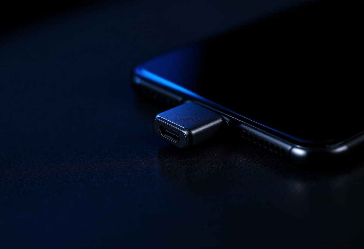 Petit micro cravate branche sur le port USB-C d'un smartphone, gros plan, lumiere bleue