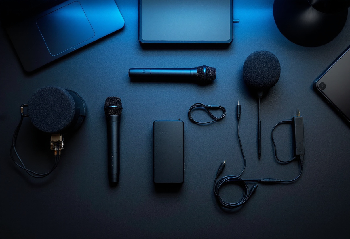 Kit de micro sans fil pose a plat sur un bureau sombre : emetteur, recepteur, bonnette et cables