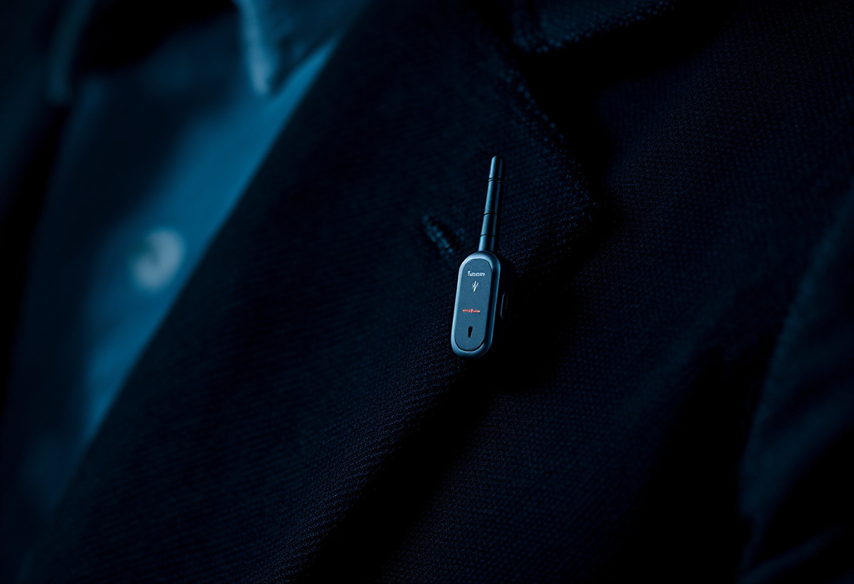 Petit emetteur de micro sans fil clipse sur le revers d'une veste sombre, gros plan