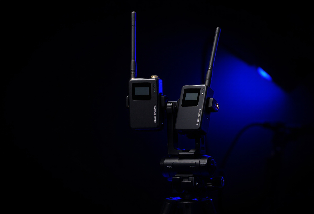 Deux recepteurs de micro sans fil montes sur une camera sur trepied, lumiere bleue de studio