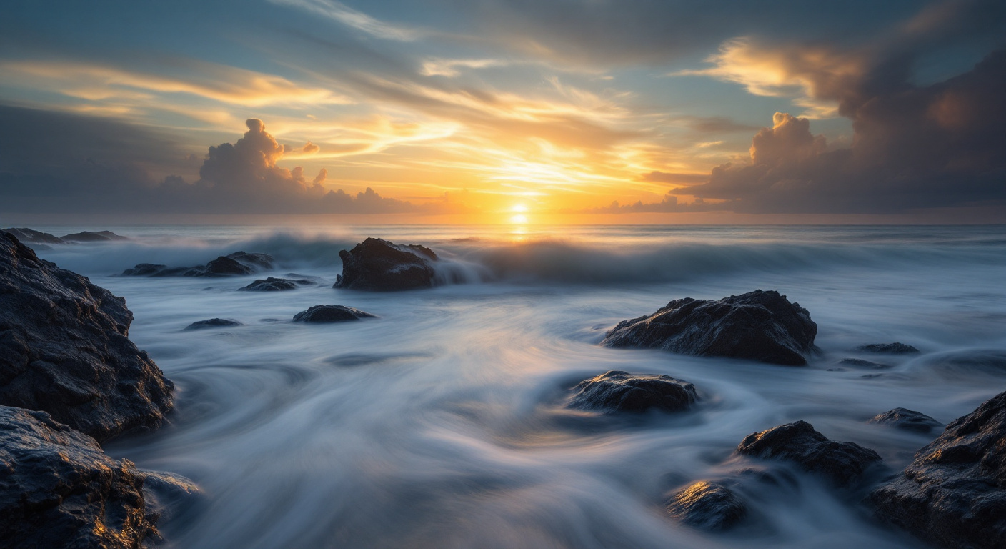 Paysage marin en pose longue au coucher de soleil, eau lissee par un filtre ND