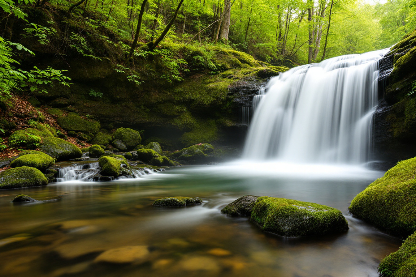Cascade en foret photographiee en pose longue, eau soyeuse et rochers mousse