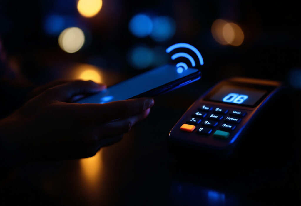 Smartphone approche d'un terminal de paiement sans contact, ondes NFC, ambiance sombre