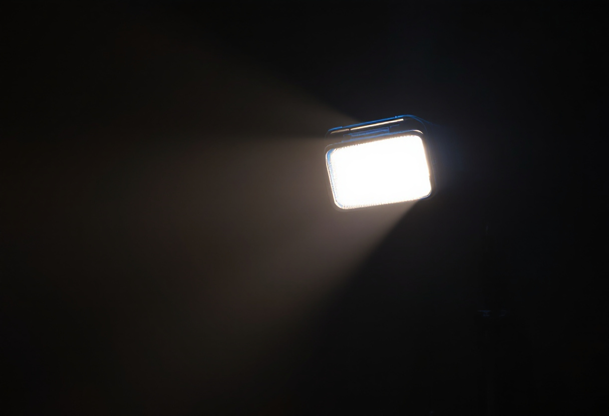 Flash de studio emettant un faisceau de lumiere dans un studio sombre, lumiere bleue