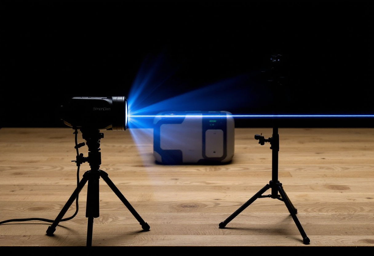 Flash sur pied pointant vers un objet a distance dans une piece sombre, lumiere bleue