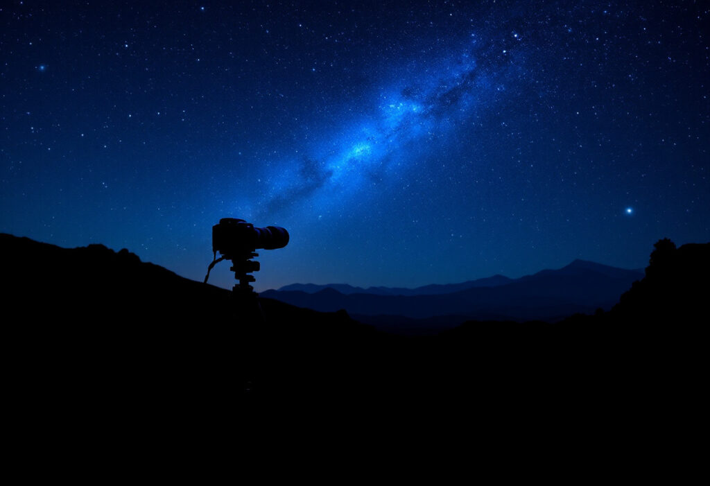 Appareil photo sur trepied face a un ciel etoile au-dessus d'un paysage sombre