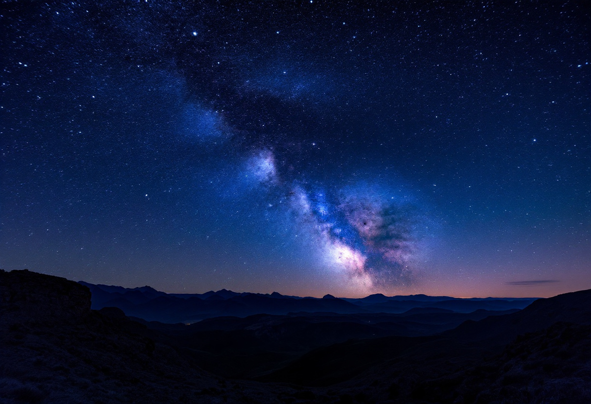 Voie lactee au-dessus d'un paysage de montagne sombre, astrophotographie