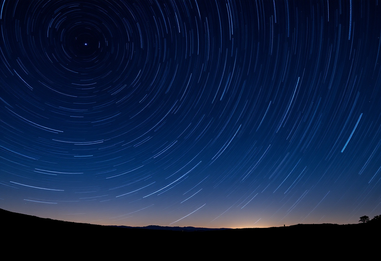 Filé d'étoiles circulaire en pose longue au-dessus d'un paysage sombre