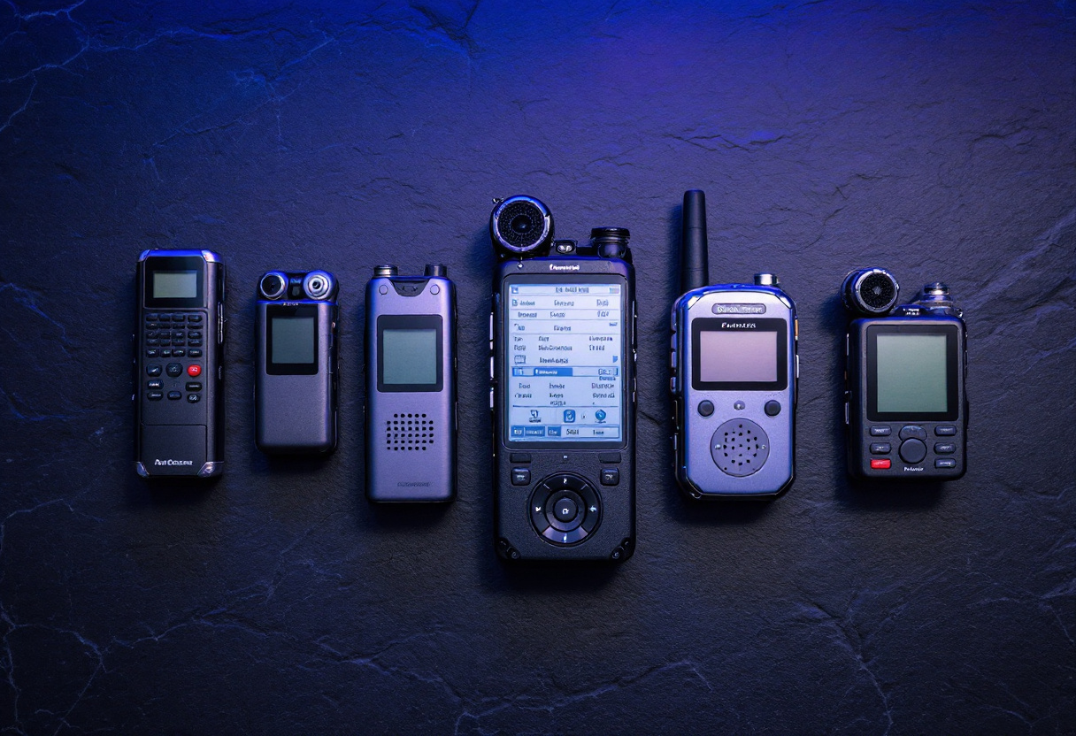 Plusieurs enregistreurs audio portables de tailles differentes sur une surface sombre