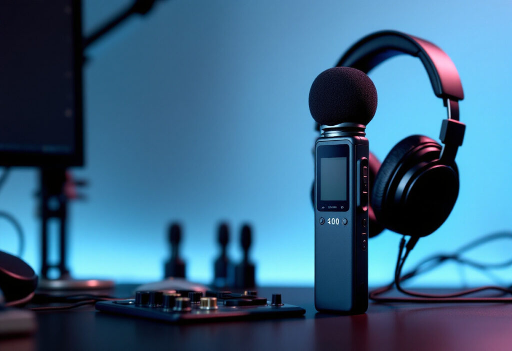 Enregistreur audio portable pose sur un bureau sombre a cote d'un casque, lumiere bleue