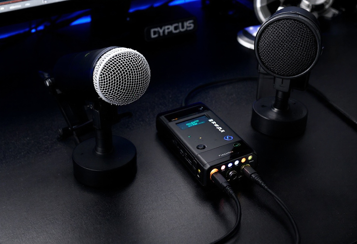 Enregistreur audio relie a deux micros XLR sur un bureau sombre, lumiere bleue