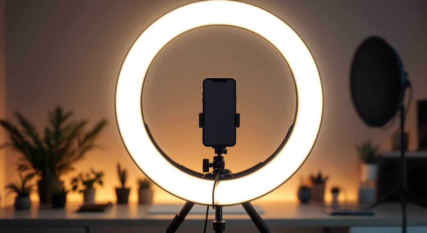 Ring light allumee sur trepied avec smartphone fixe au centre dans un studio de createur