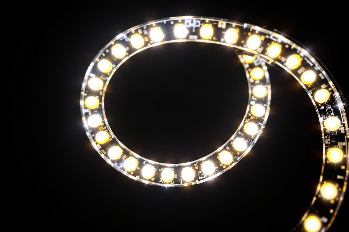 Gros plan d une couronne de LED de ring light allumee sur fond noir