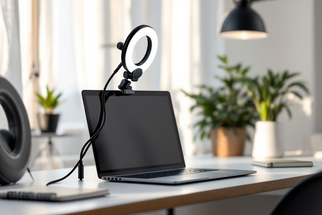 Ring light compacte fixee pres d un ordinateur portable sur un bureau pour les appels video
