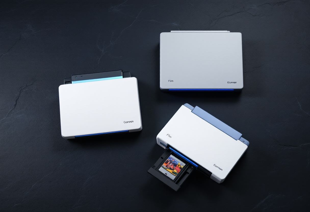 Plusieurs scanners de film et de diapositives de types differents sur fond sombre