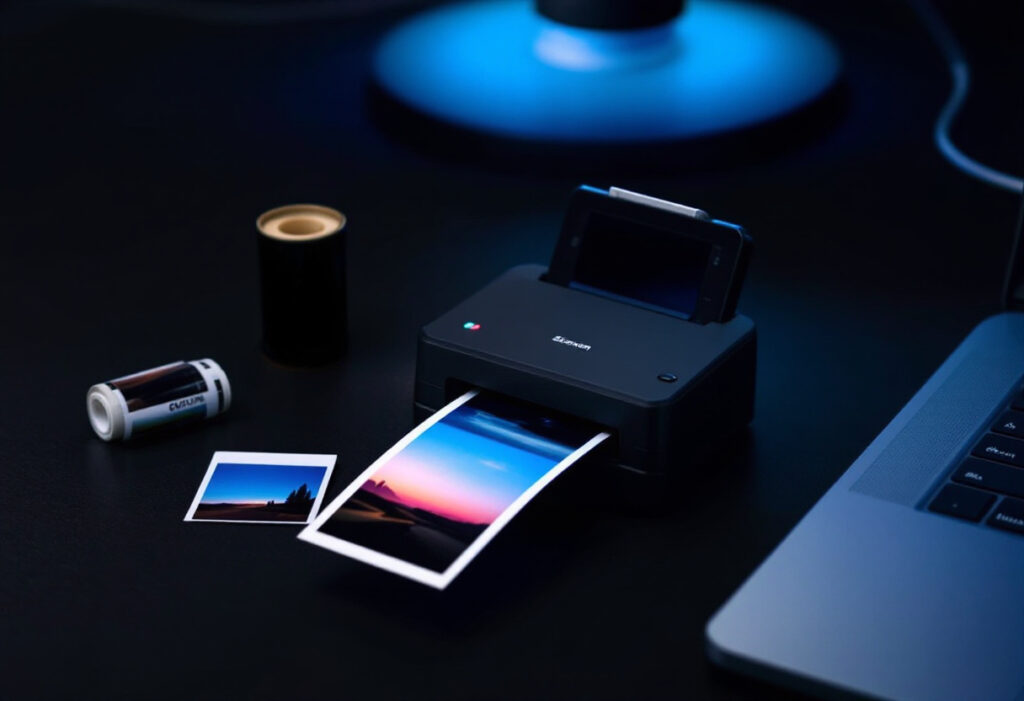 Scanner de diapositives sur un bureau sombre avec des diapos et une pellicule