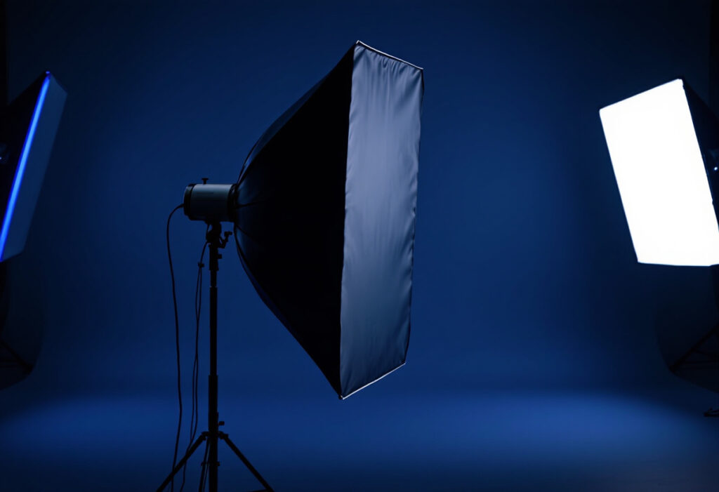 Softbox montee sur un pied d'eclairage dans un studio sombre, lumiere bleue