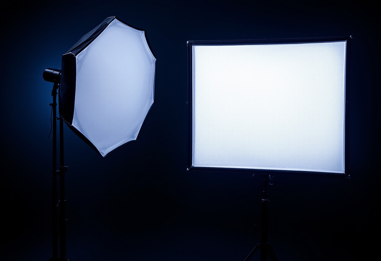 Deux softbox cote a cote, une octogonale et une rectangulaire, studio sombre