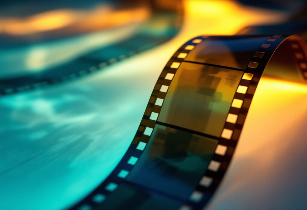 Bande de negatifs 35 mm enroulee sur une table lumineuse, perforations visibles