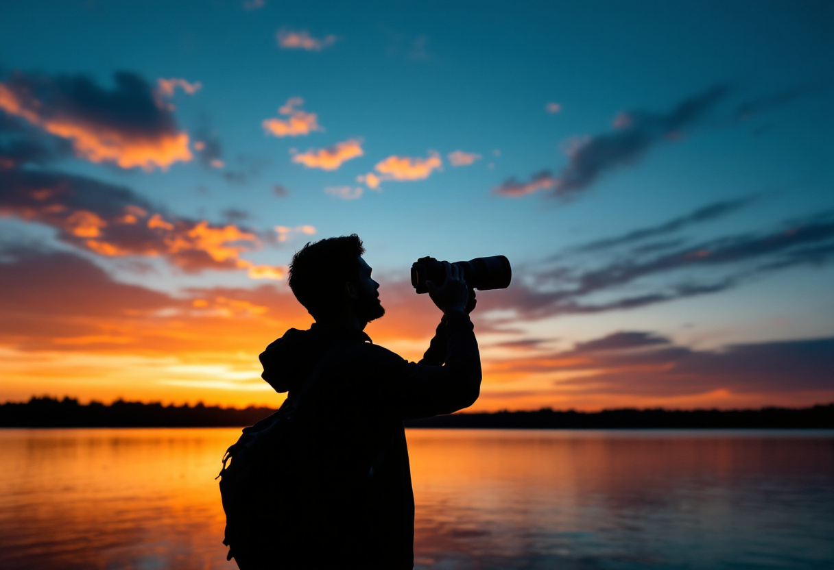 Silhouette d un photographe levant un appareil a long zoom devant un coucher de soleil sur un lac