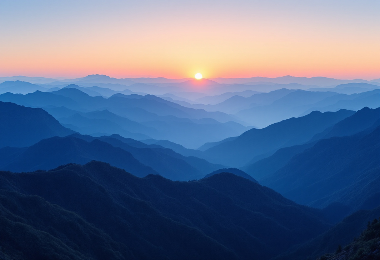 Vue teleobjectif de cretes de montagnes bleutees superposees dans la brume au lever du soleil
