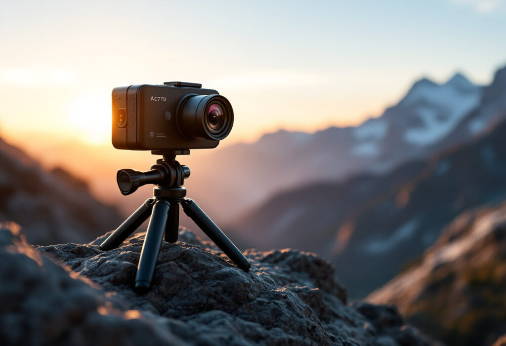 Petite camera a deux objectifs sur un mini trepied, en silhouette devant un panorama de montagne
