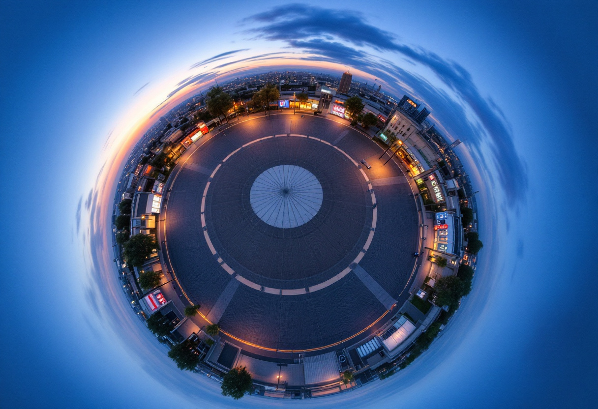Vue spherique fortement deformee d une place circulaire vue du dessus, horizon courbe en cercle complet