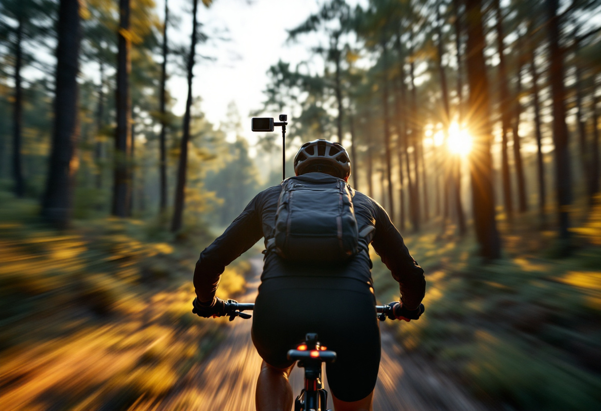 Cycliste vu de dos s eloignant sur un sentier forestier, petite camera sur une perche au-dessus de l epaule