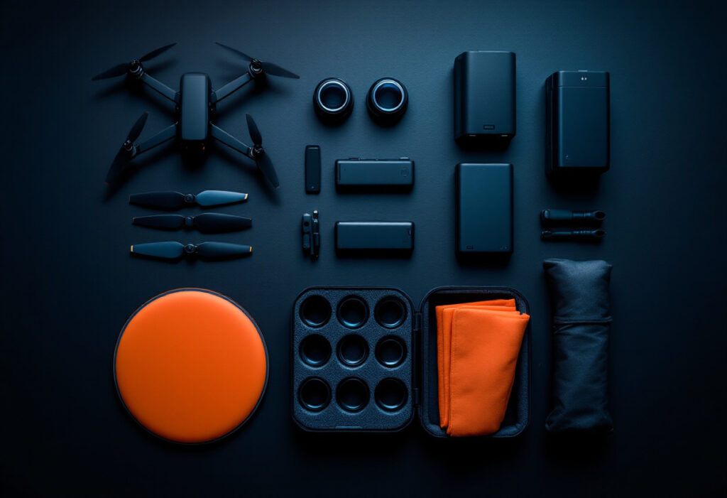Accessoires de drone disposes a plat sur ardoise sombre, helices, batteries, filtres et tapis d atterrissage