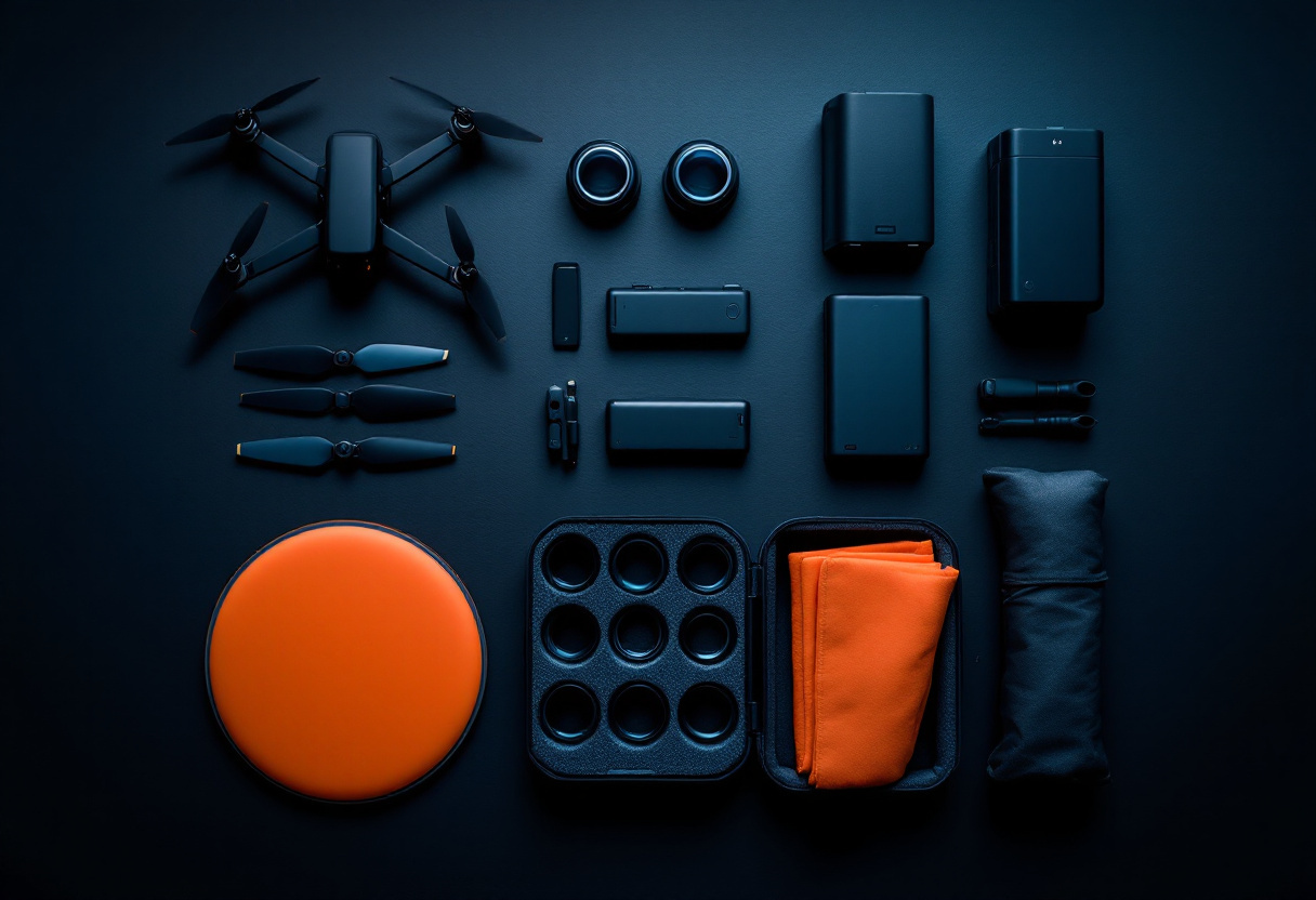 Accessoires de drone disposes a plat sur ardoise sombre, helices, batteries, filtres et tapis d atterrissage orange