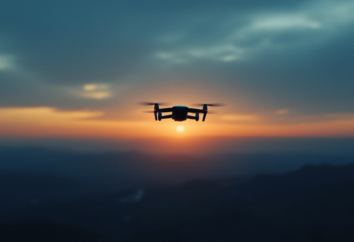 Petit drone en vol vu en silhouette sur un ciel de coucher de soleil ambre et bleu au-dessus d une vallee