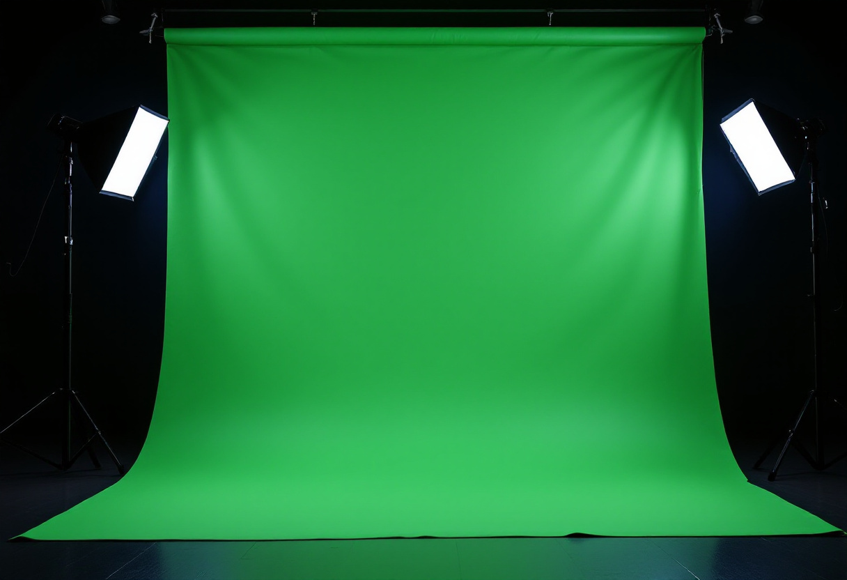 Grand fond vert de studio tendu sur un support metallique, eclaire par deux softbox dans une piece sombre