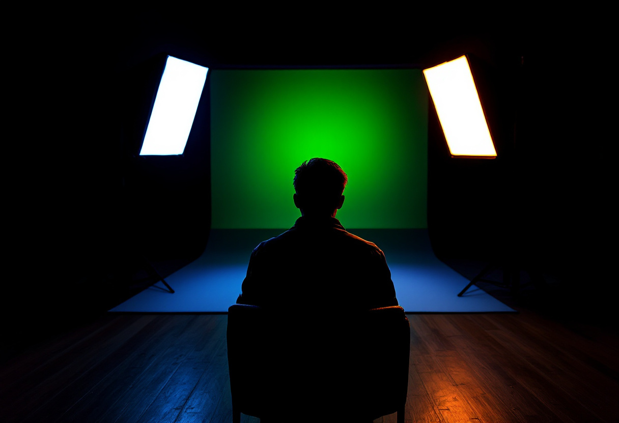 Personne vue de dos assise face a un fond vert, deux softbox de part et d autre dans une piece sombre