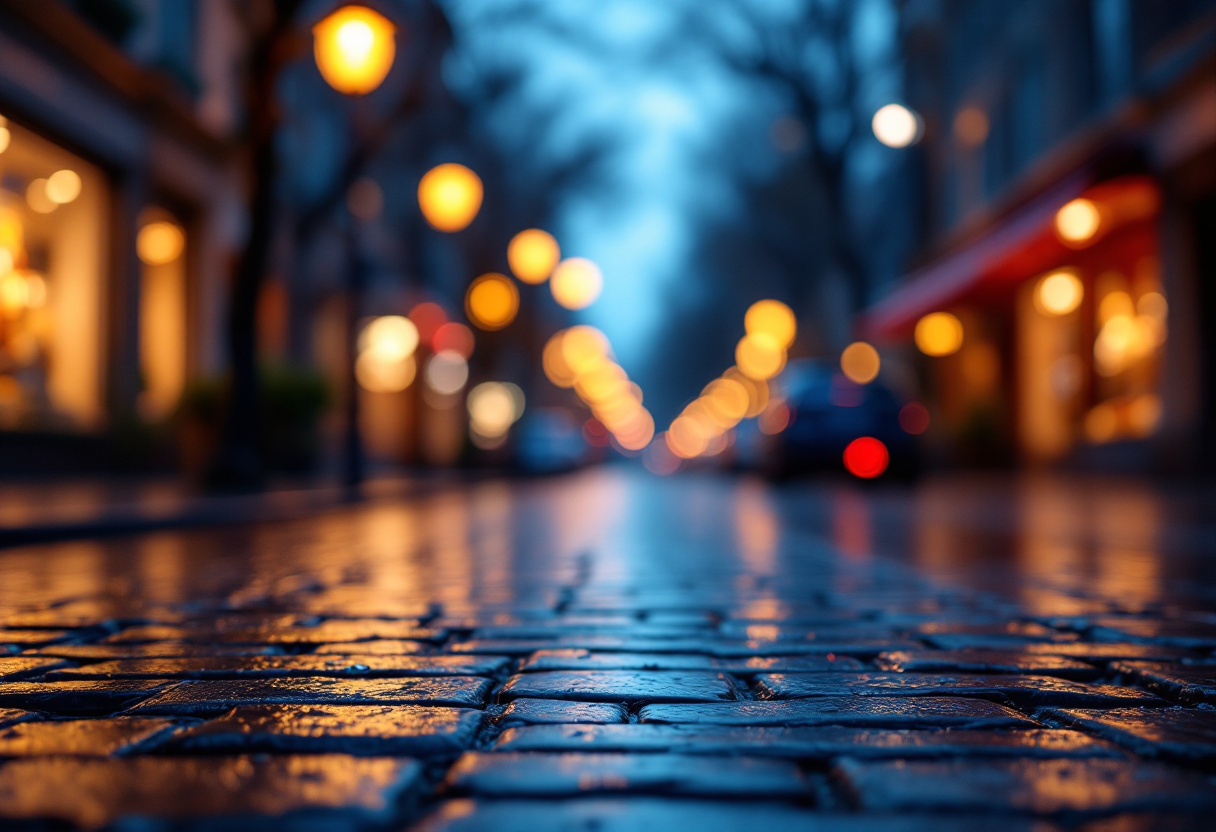 Scene de rue au crepuscule avec un pave net au premier plan et des lumieres floues ambrees et bleues