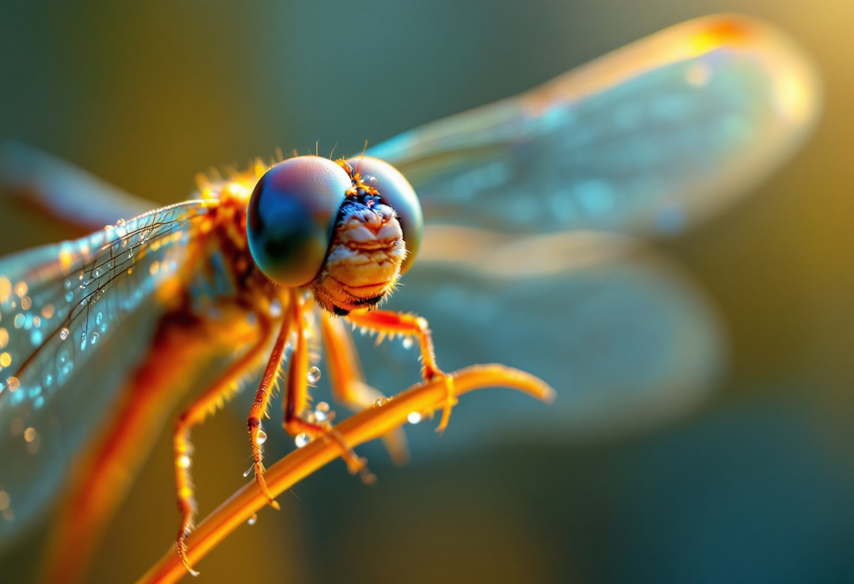 Macro extreme d une libellule posee sur un brin d herbe a l aube, gouttes de rosee sur les ailes