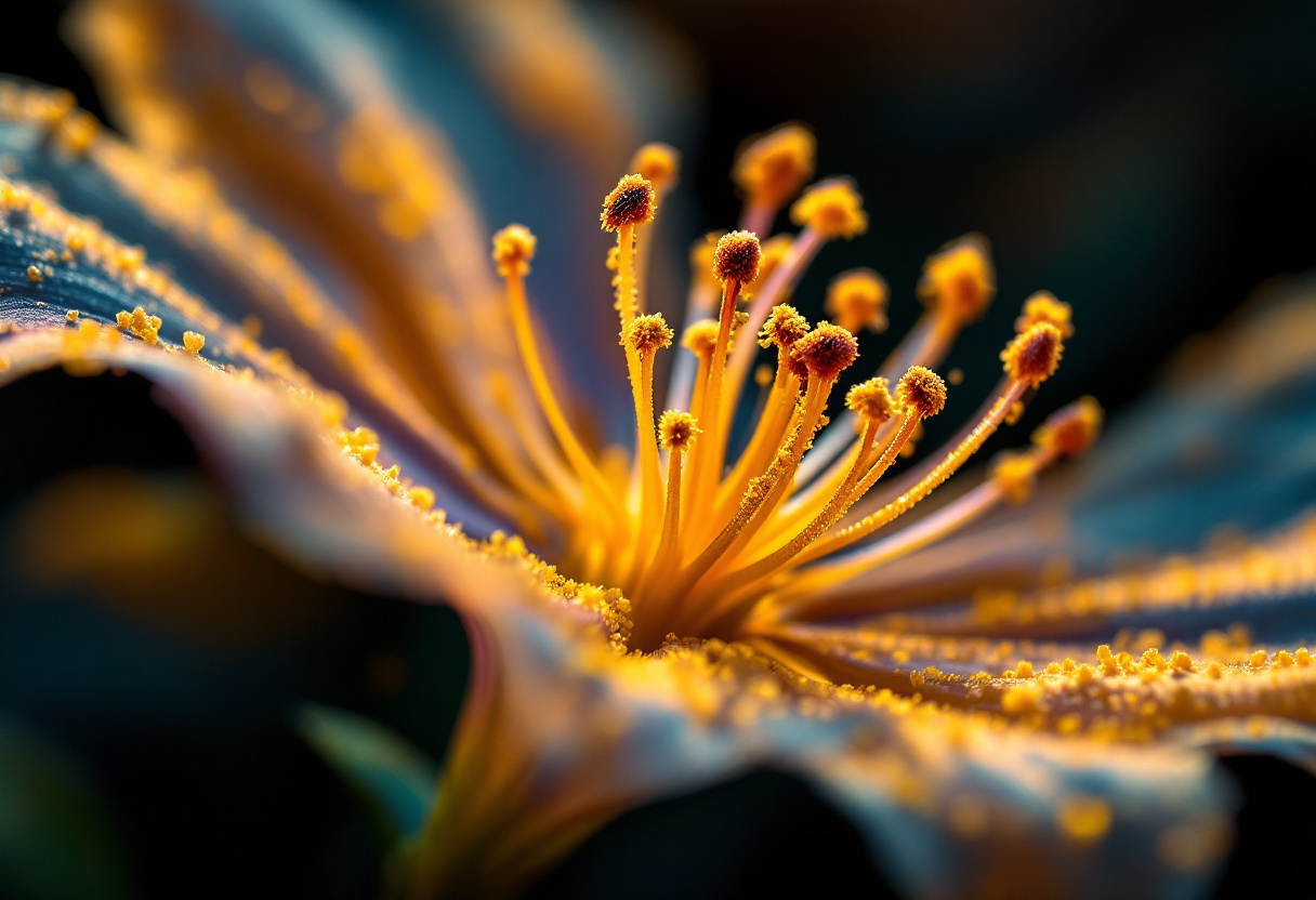 Macro extreme d etamines de fleur couvertes de pollen, quelques millimetres nets sur fond tres sombre