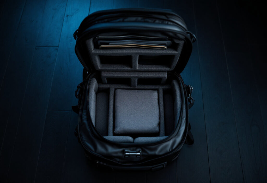 Sac a dos photo noir ouvert vu du dessus, cloisons en mousse grises formant des compartiments vides