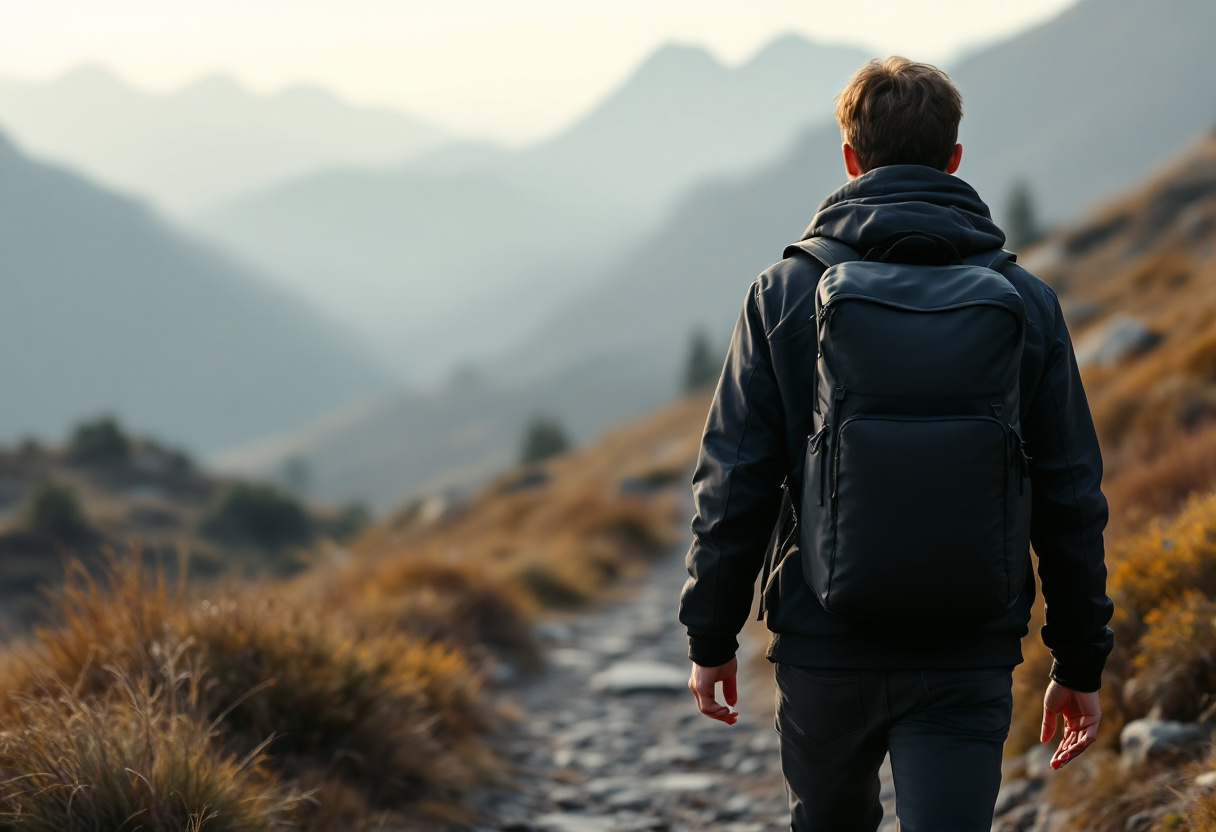 Personne vue de dos s eloignant sur un sentier de montagne avec un sac a dos noir, brume matinale