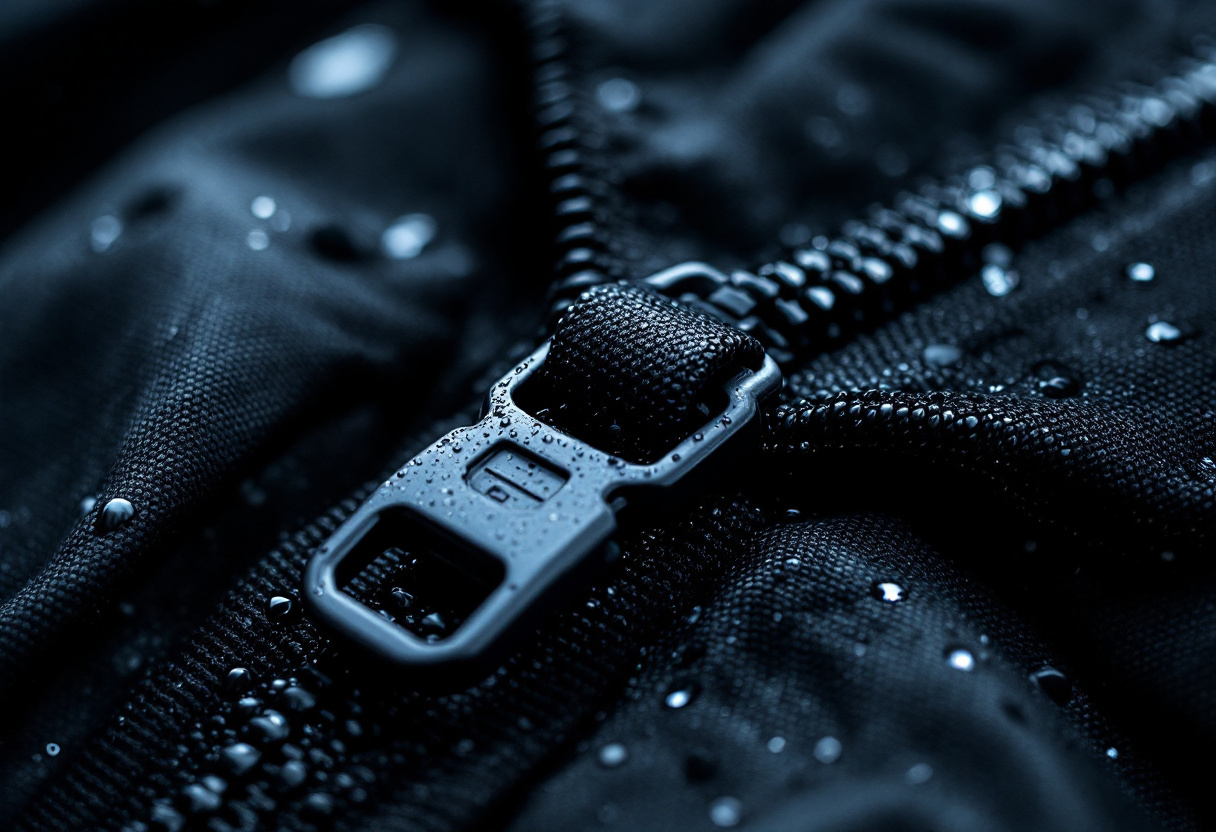 Gros plan macro sur une tirette de fermeture eclair noire et une boucle plastique sur du tissu technique, gouttes d eau