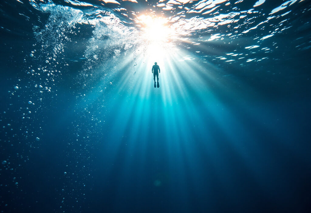 Scene sous-marine bleue avec des rayons de soleil percant depuis la surface et un plongeur au loin