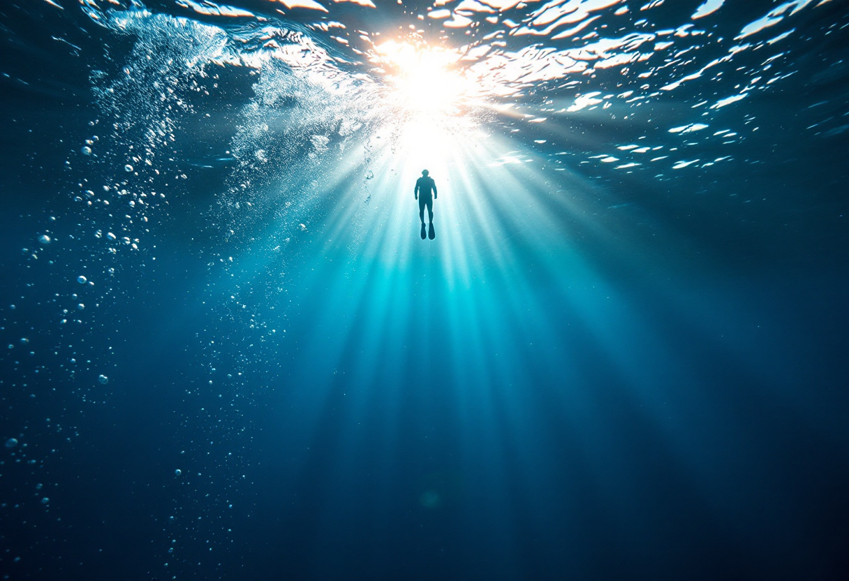 Scene sous-marine bleue avec des rayons de soleil pergant depuis la surface et un plongeur au loin