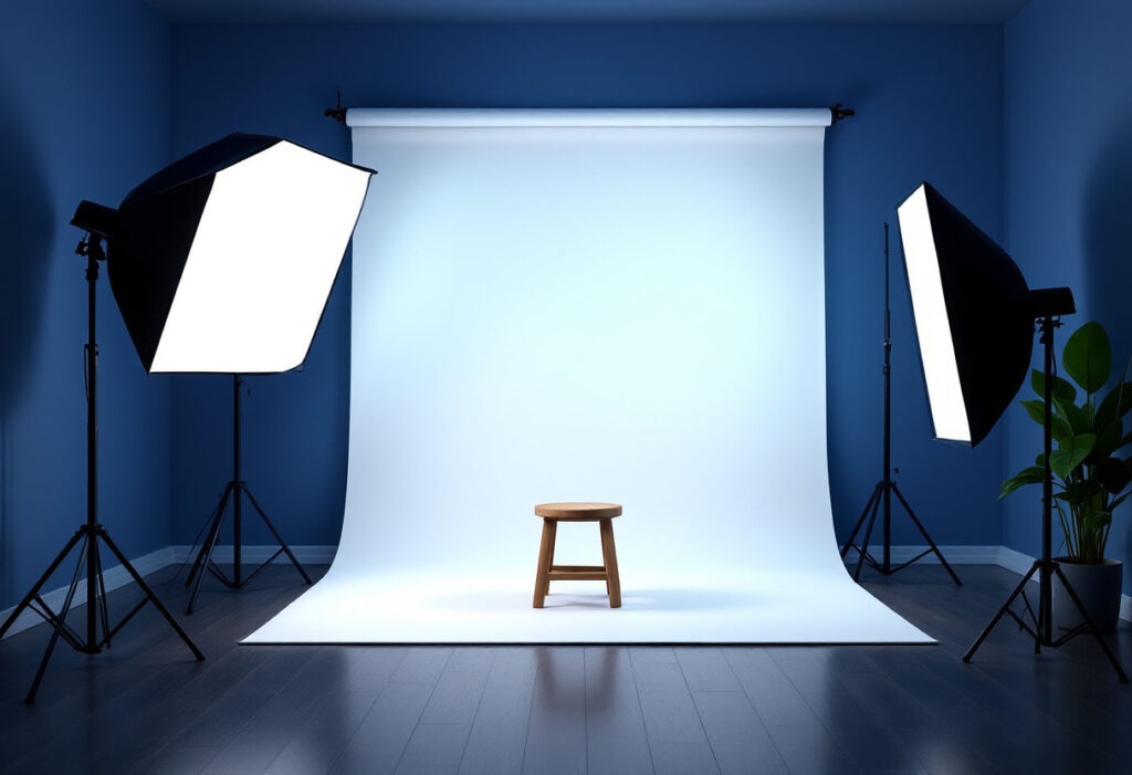 Coin de studio photo maison avec fond blanc deroule, tabouret en bois, softbox a gauche et reflecteur a droite