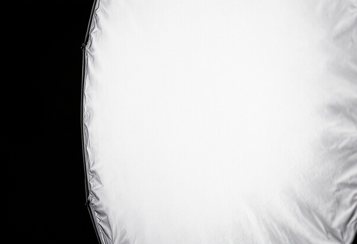 Gros plan sur un grand panneau diffuseur blanc de softbox eclaire dans un studio sombre